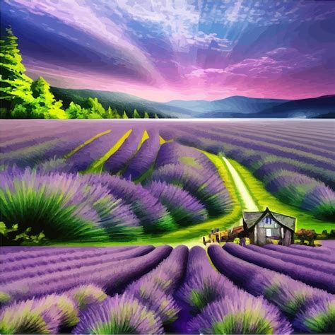 Lavender Fioletowe Pola Zielone łąki I Góry Farm P…